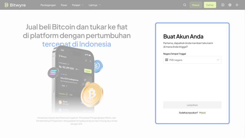 klik tombol masuk di kanan atas website bitwyre lalu anda langsung bisa buat akun anda