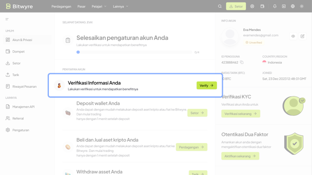 verifikasi akun bisa dilakukan setelah daftar bitwyre